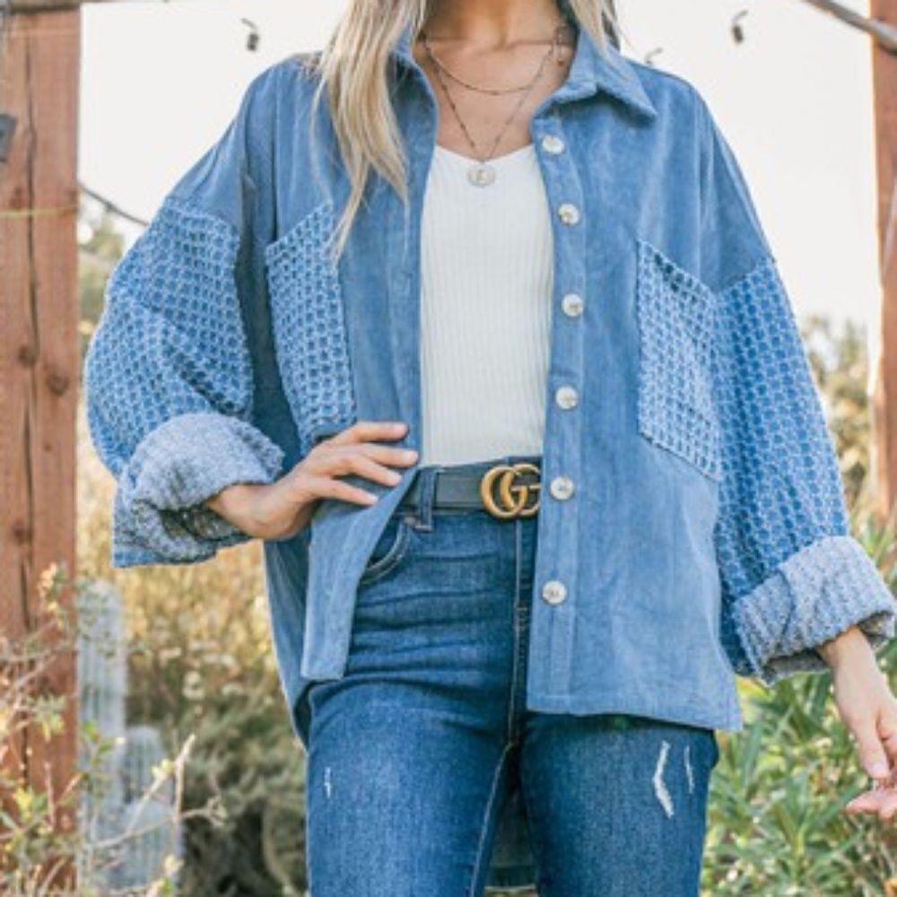 Cozy Corduroy Pockets Button Down Denim Jacket Shacket - Picture 8 of 14